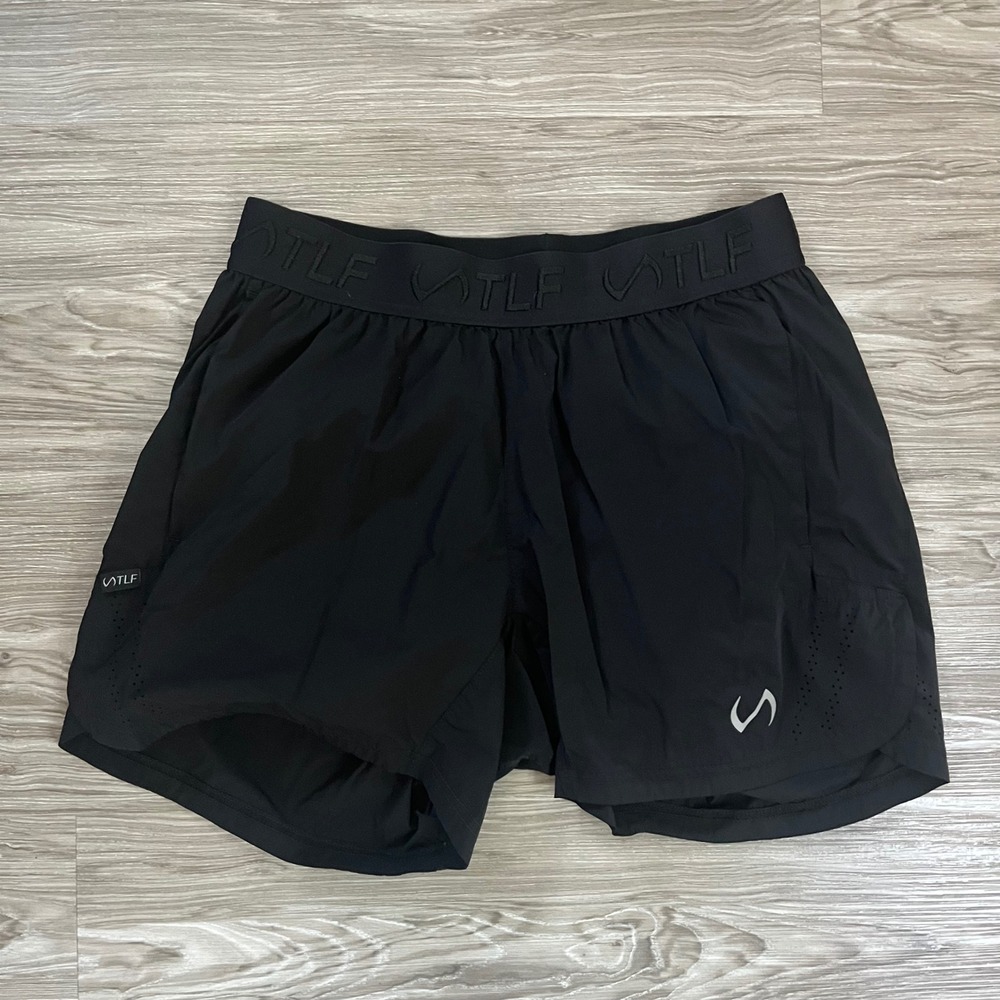 TLF Apparel Mens Black 2-in-1 Training Gym Shorts Size L Liner Reflective Logo
